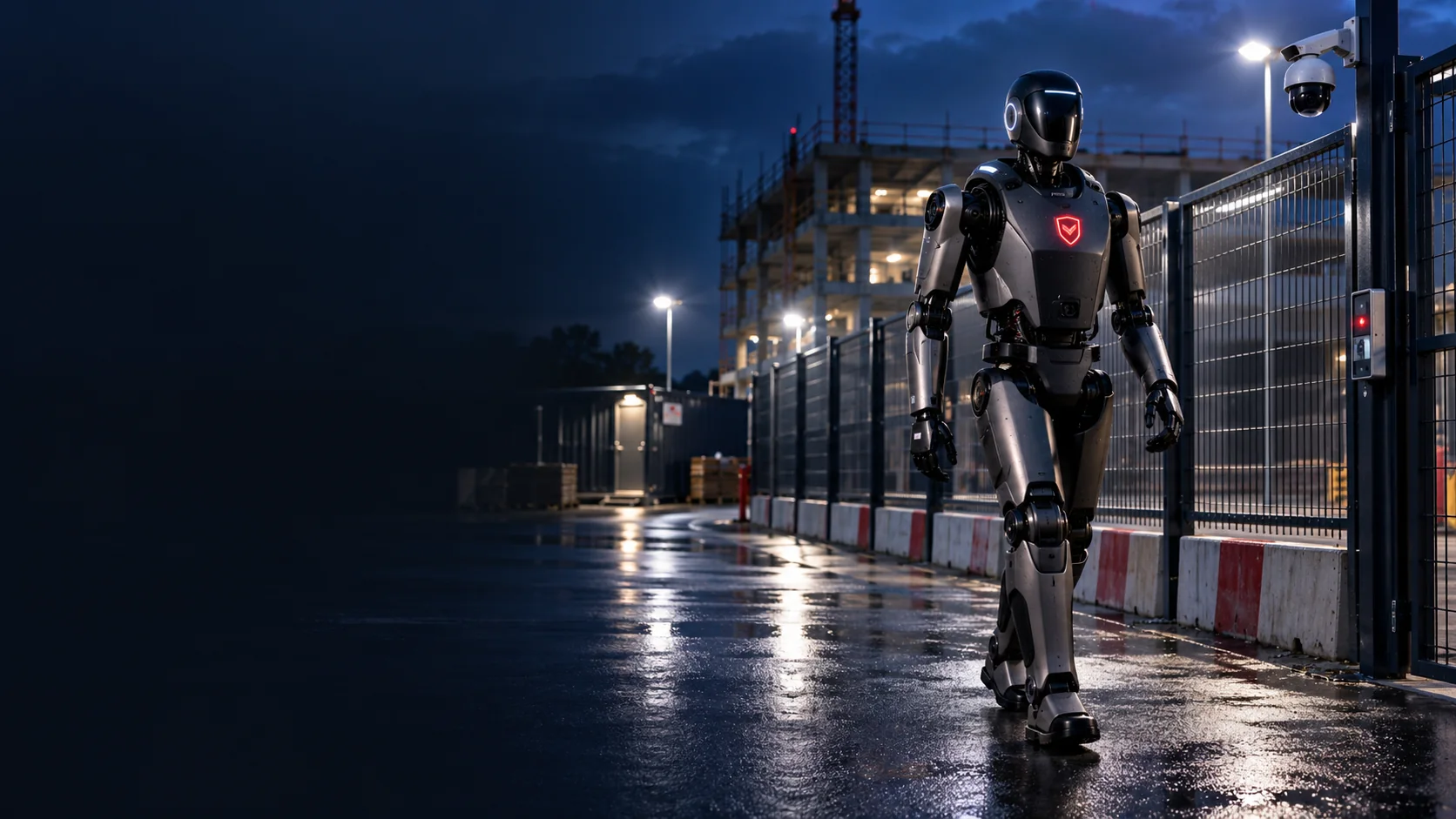 Armour Sentinel concept robot at a construction site at night