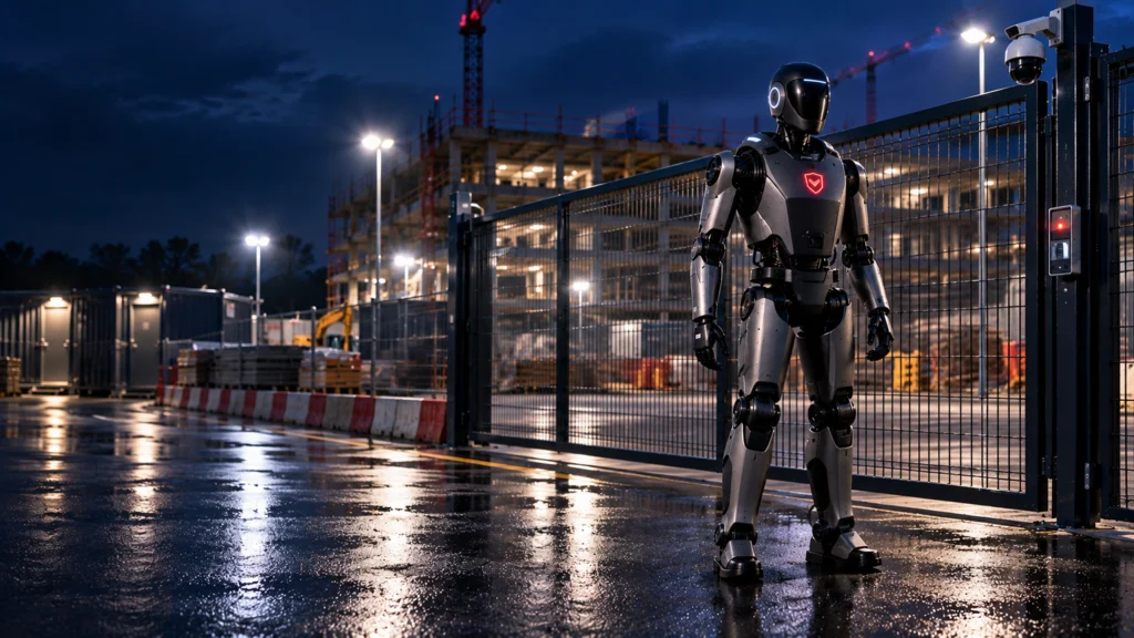Armour Sentinel concept robot beside a site gate at night
